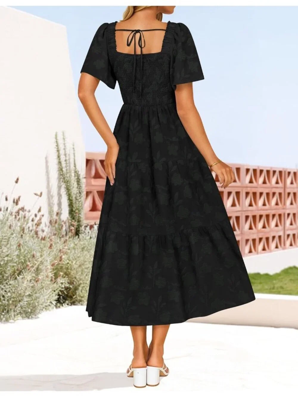 Women‘s Summer Boho Floral Midi Dress Black Short Sleeve Square Neck Flowy Beach
